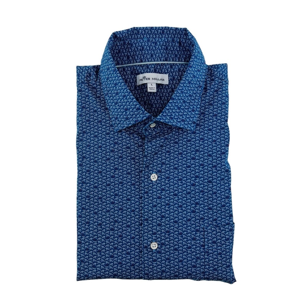 Peter Millar Crown Blue w/ Red Shark Fin Short Sleeve Cotton Spandex Button Up L